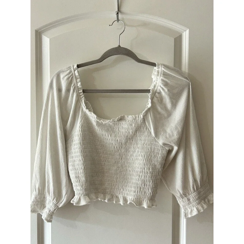 Free People Size M Brenyce Ivory Smocked Crop Off the Shoulder puff sleeve Top